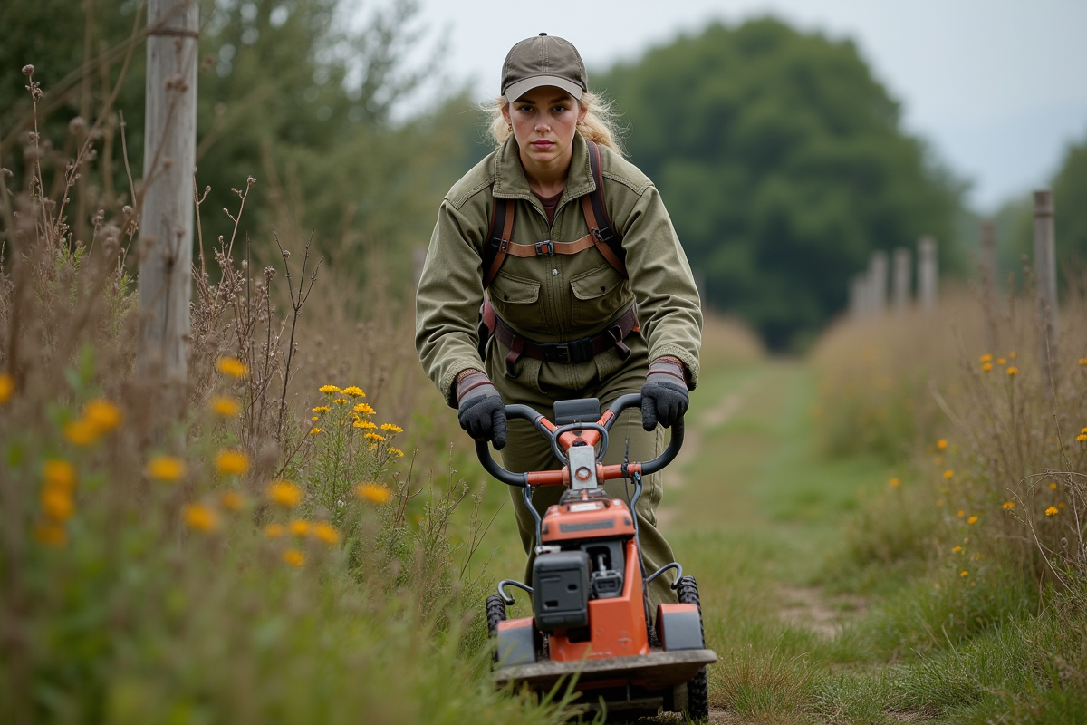 Femme utilisant une broussailleuse dans un terrain sauvage