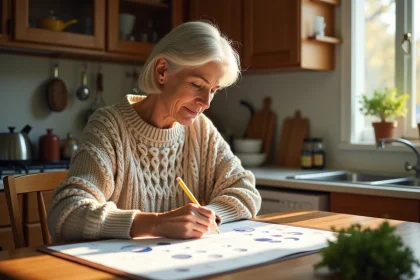 Femme attentive marquant dates sur calendrier lunaire en cuisine