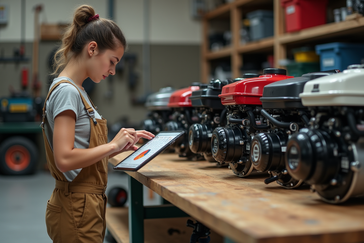 Jeune femme lisant un tableau comparatif de moteurs de tondeuse dans un garage