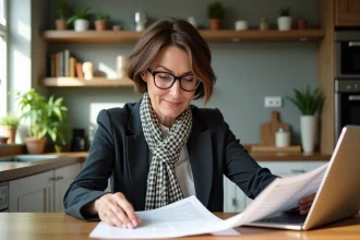 Femme d'âge moyen lisant des documents dans une cuisine lumineuse