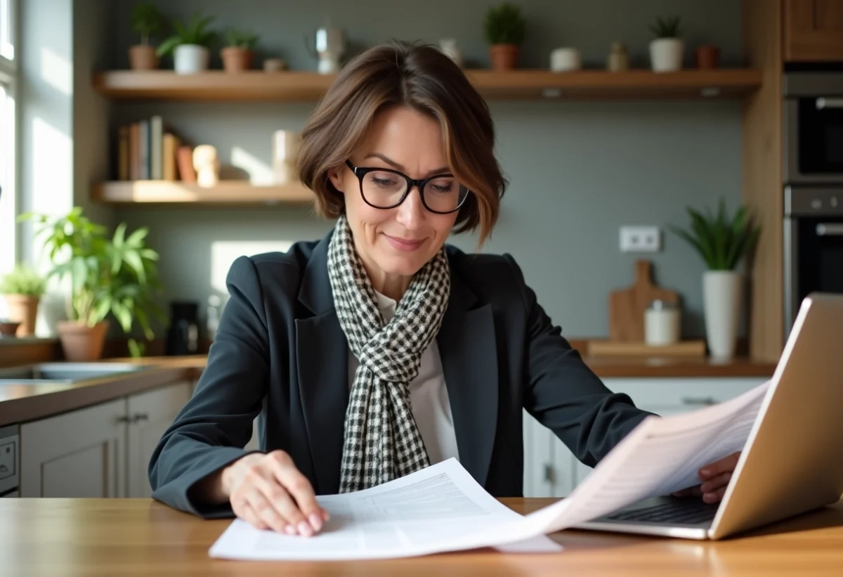 Femme d'âge moyen lisant des documents dans une cuisine lumineuse