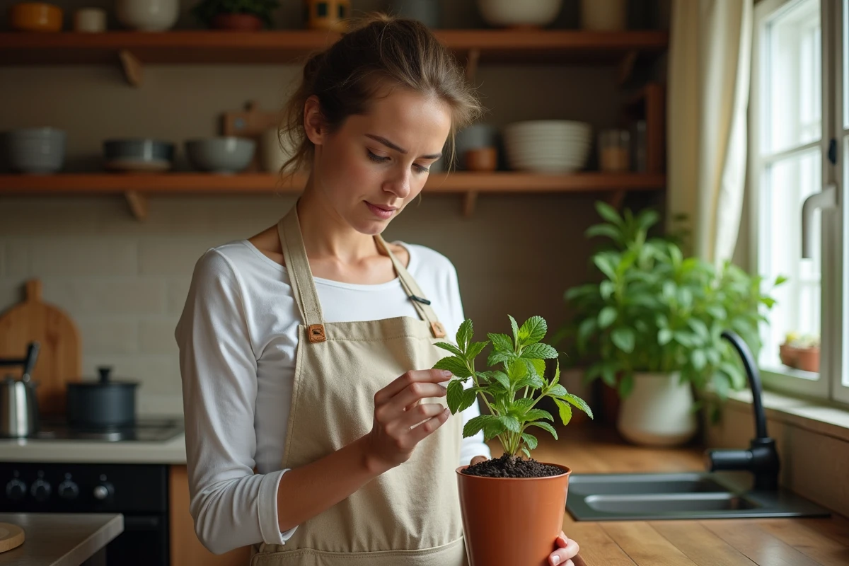 Femme examinant des feuilles de menthe noircies dans une cuisine rustique pour trouver une solution naturelle