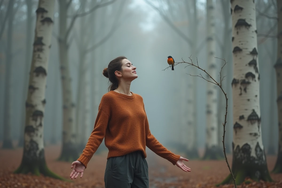 Femme au milieu d'une forêt brumeuse en posture de lâcher-prise, rouge-gorge visible sur une branche en arrière-plan