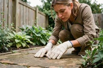 Femme avec des gants de jardinage examinant une crotte de hérisson sur un chemin en pierre dans un jardin