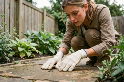 Femme avec des gants de jardinage examinant une crotte de hérisson sur un chemin en pierre dans un jardin