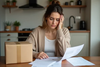 Femme inquiète regardant un colis dans la cuisine