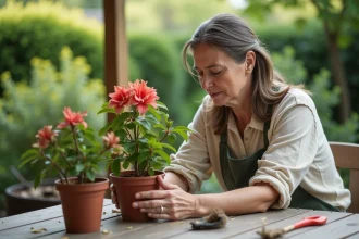 Femme examinant des feuilles d'azalee fanées sur sa table
