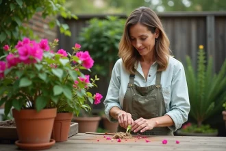 Femme en jardinage préparant une bougainvillea en extérieur