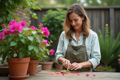 Femme en jardinage préparant une bougainvillea en extérieur