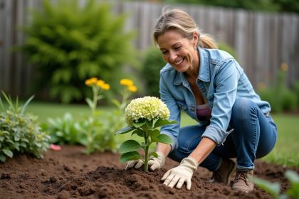 Femme en jardinage plantant une hydrangea dans un jardin