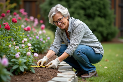 Femme en jardinage vérifiant la largeur d'une bordure de fleurs