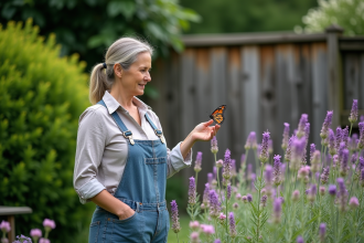 Femme en jardinage touchant un papillon monarque sur la lavande