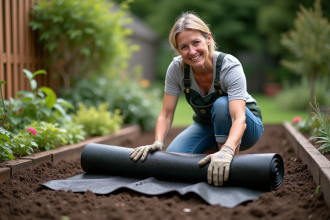 Femme en jardinage posant avec toile de paillage biodégradable