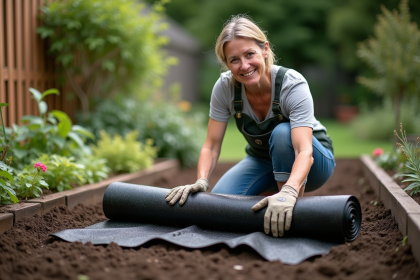 Femme en jardinage posant avec toile de paillage biodégradable