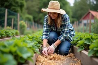 Femme au chapeau de paille étalant de la paille autour de fraisiers