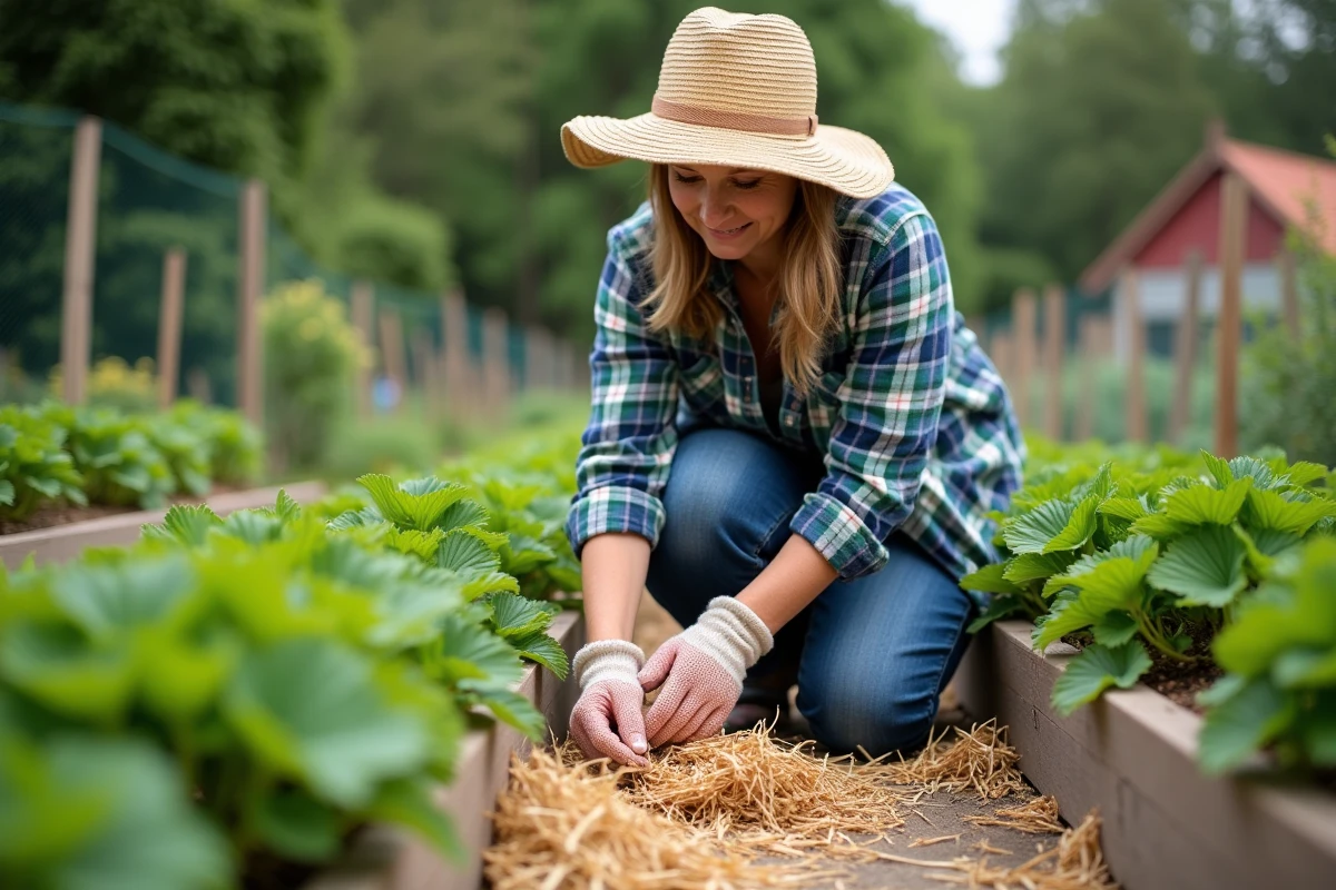 Femme au chapeau de paille étalant de la paille autour de fraisiers