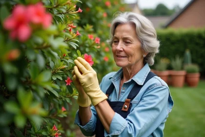 Femme inspectant une feuille d'oleander jaunie dans le jardin