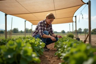 Femme d'âge moyen examine jeunes plants sous une ombrière