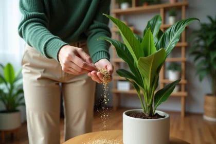 Femme en intérieur arrosant un palmier dans un salon lumineux