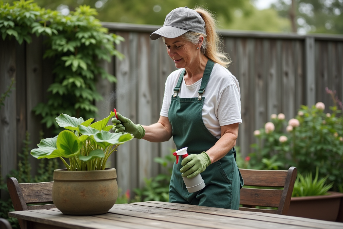 Femme en jardinage arrosant une plante verte en extérieur
