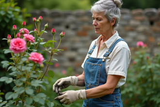 Femme taillant des roses dans un jardin paisible