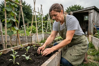 Femme jardinière transplantant des plants dans un potager collectif avec soin et concentration