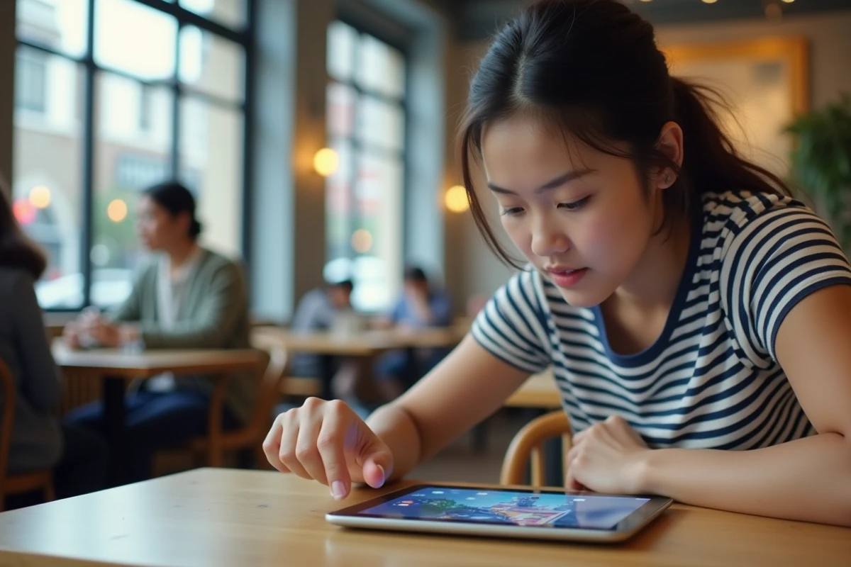 Jeune femme jouant au jeu du nain de jardin Google sur tablette dans un café moderne