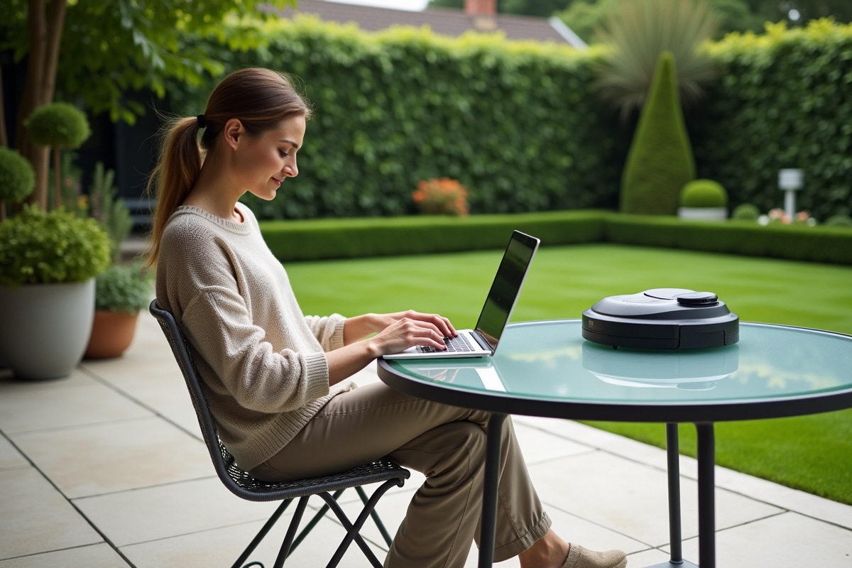Jeune femme comparant des tondeuses robot sur son ordinateur