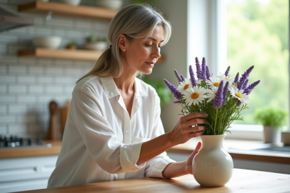 Femme arrangeant des fleurs de lavande et chamomile dans un vase