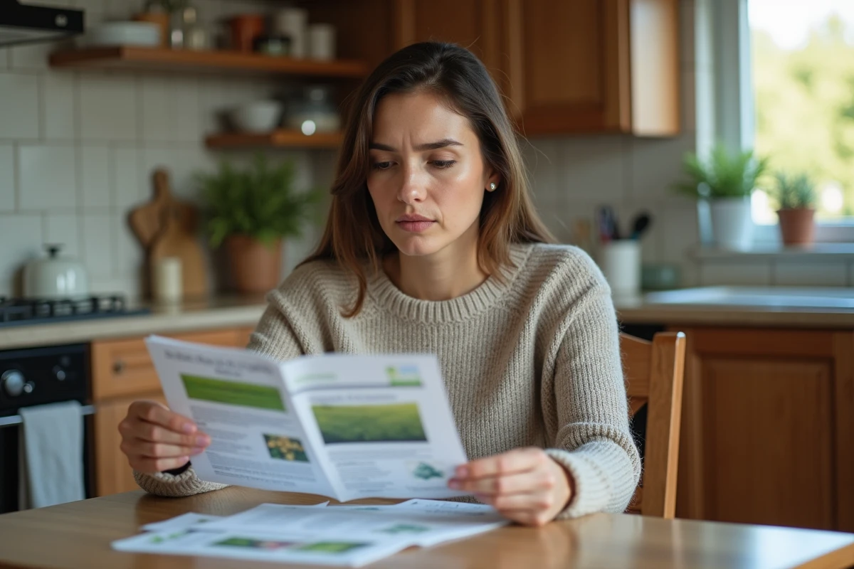 Femme dans sa cuisine consulte des documents sur l