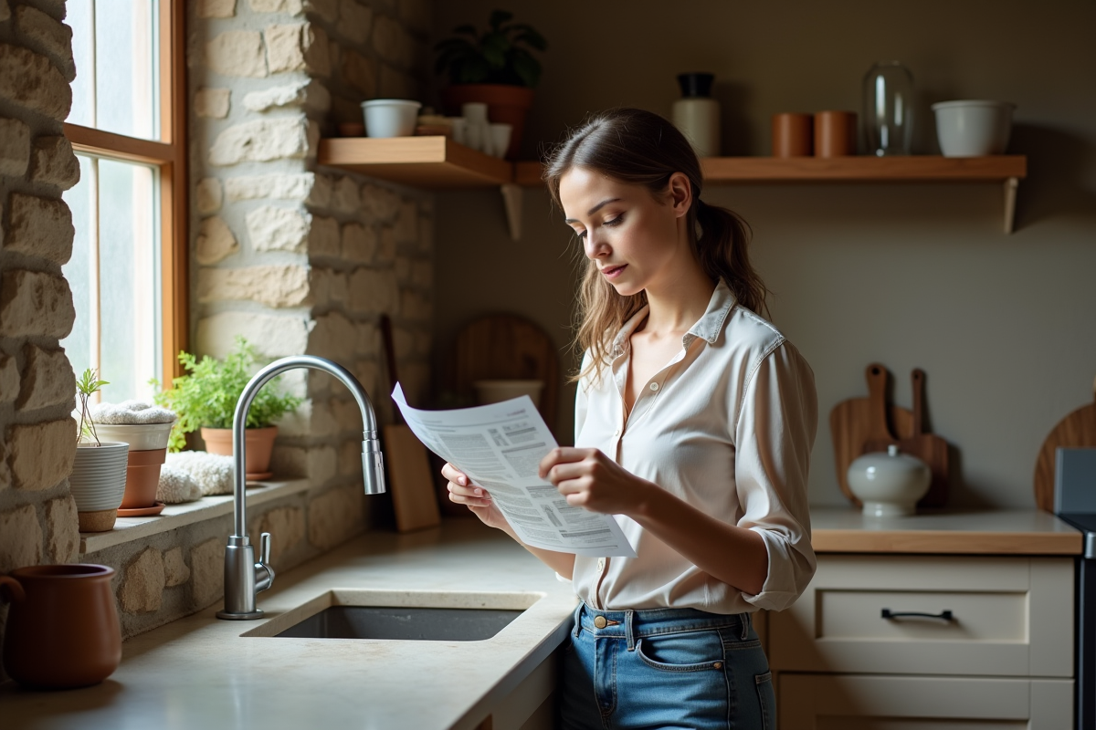 Jeune femme lisant une fiche sur les produits de nettoyage