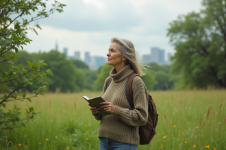 Femme observant la nature dans un parc verdoyant