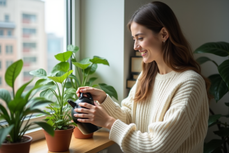 Femme souriante arrosant des plantes vertes dans un intérieur lumineux