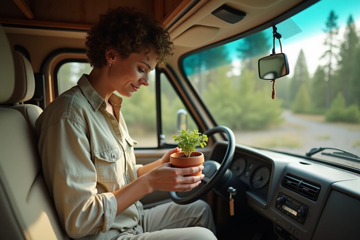 Femme plaçant une plante citronnelle sur le tableau de bord d'un camping-car pour éloigner les mouches naturellement