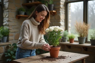Femme en intérieur potant un lisianthus dans une serre chaleureuse