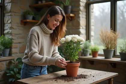 Femme en intérieur potant un lisianthus dans une serre chaleureuse