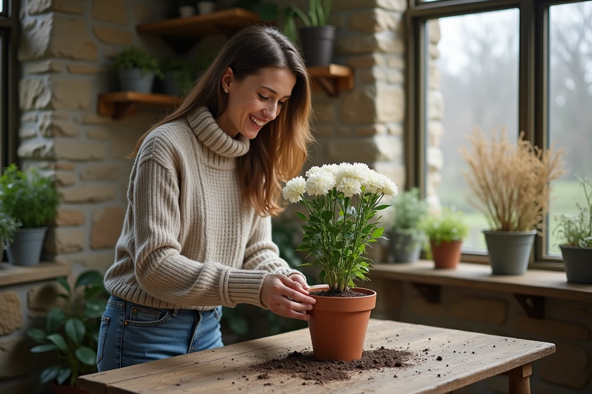 Femme en intérieur potant un lisianthus dans une serre chaleureuse