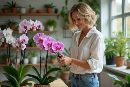 Femme en train de tailler une orchidée dans un salon lumineux