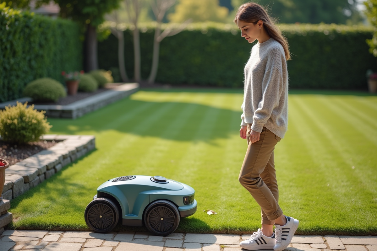 Jeune femme observant une tondeuse robot sur une pente