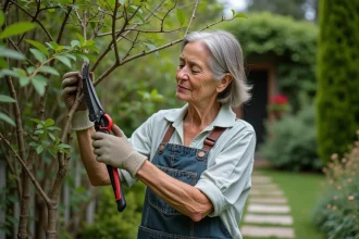 Femme taillant un mimosa dans un jardin serein