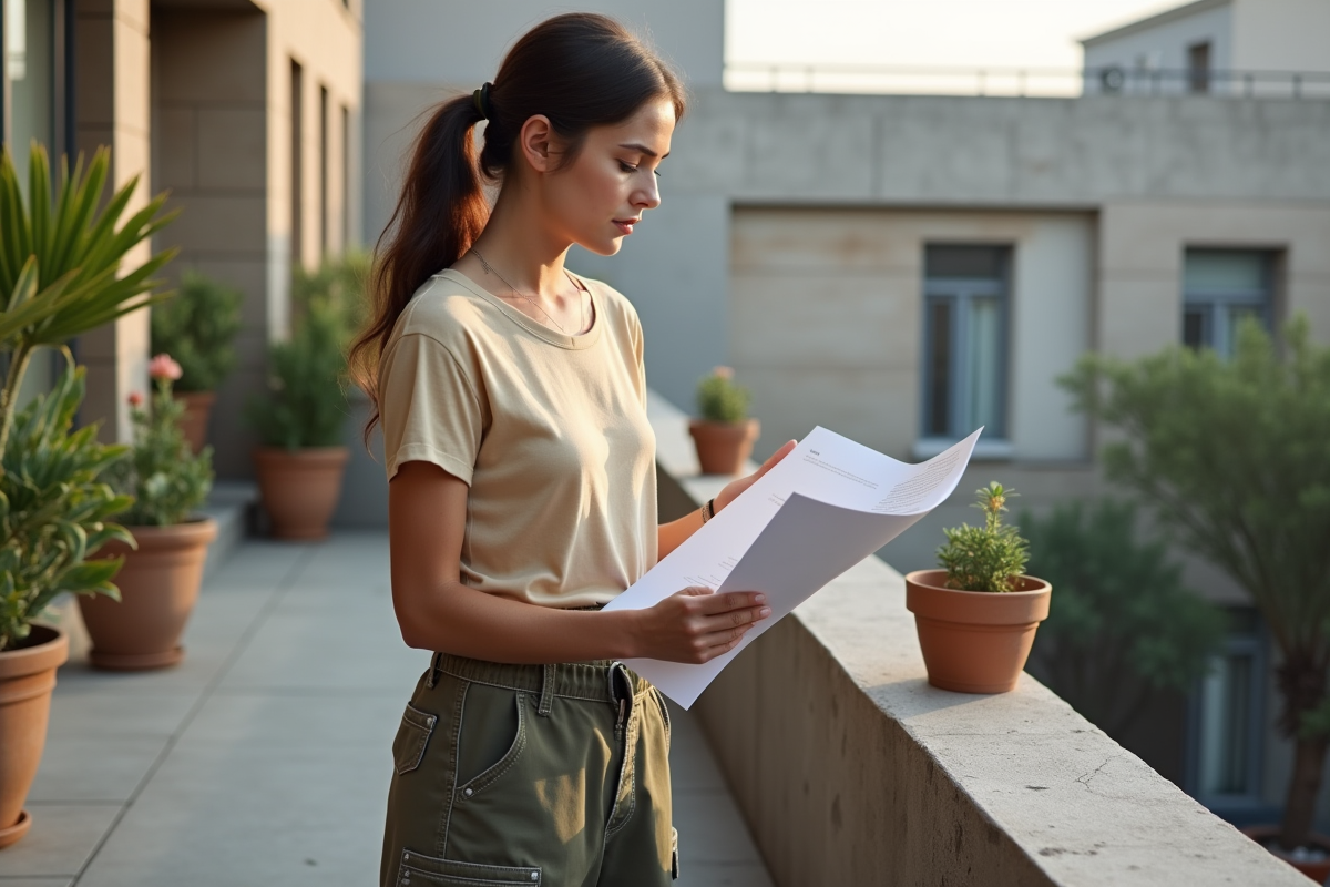 Jeune femme regardant la terrasse sur un balcon urbain