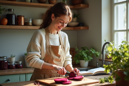 Femme coupant des restes de betteraves dans la cuisine lumineuse