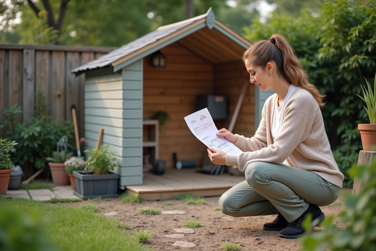 Femme vérifiant un plan de réglementation de jardin