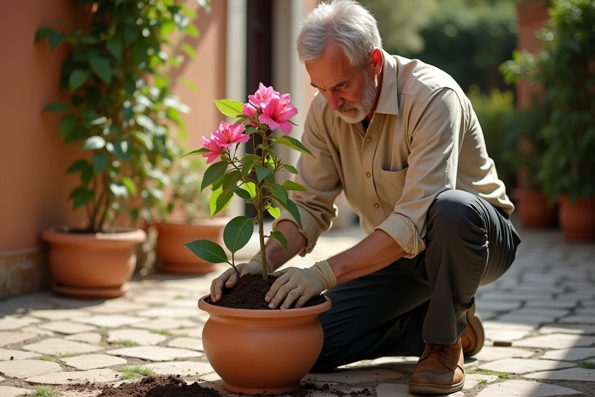 Homme qui fertilise un bougainvillier en pot dans une cour ensoleillée avec du compost