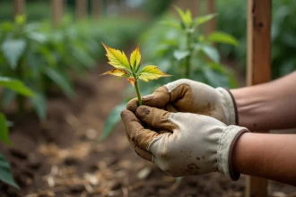 Mains de jardinière examinant une feuille de tomate jaunie et abîmée dans un potager
