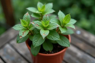 Feuilles de menthe qui noircissent sur les bords avec des taches nécrotiques visibles sur une table de jardin en bois