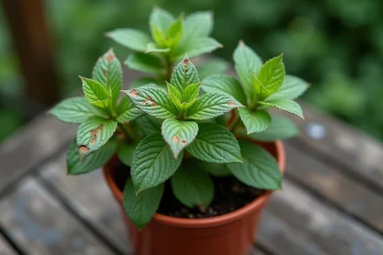 Feuilles de menthe qui noircissent sur les bords avec des taches nécrotiques visibles sur une table de jardin en bois