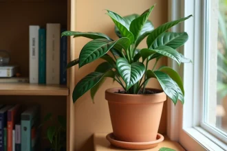 Ficus benjamina en pot en terre cuite sur une étagère en bois dans un salon, avec des feuilles brillantes et quelques feuilles tombées illustrant l'entretien saisonnier