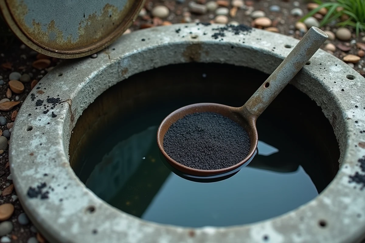 Gros plan sur un filtre au charbon actif à l'intérieur d'une citerne de récupération d'eau de pluie enterrée