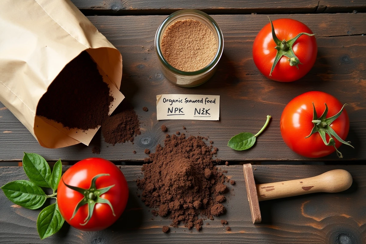 Vue de dessus à plat d'engrais pour tomates, compost et tomates mûres sur une table en bois rustique
